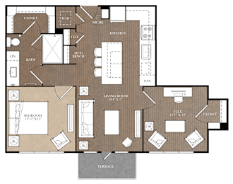 A floor plan of a house with a kitchen, living room, and two bedrooms.