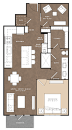 A floor plan of a house with a living room, dining room, kitchen, and two bedrooms.