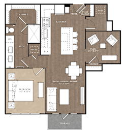 A floor plan of a house with a living room, two bedrooms, a kitchen, and a bathroom.