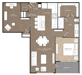 A floor plan of a house with a living room, dining room, kitchen, and two bedrooms.