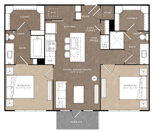 A floor plan of a house with two bedrooms, a living room, a kitchen, a bathroom, a laundry area, and a terrace.