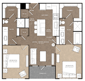 A detailed floor plan of a house with two bedrooms, a living area, kitchen, and bathrooms.