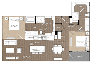 A floor plan of a house with a living room, dining room, kitchen, and two bedrooms.