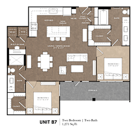 A floor plan of a unit with two bedrooms and two bathrooms.