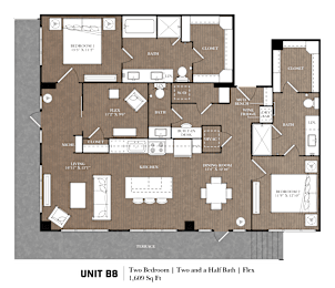 A floor plan of a two bedroom apartment with two and a half baths.