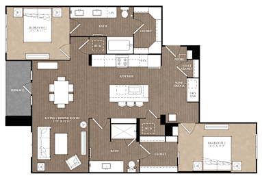 A floor plan of a house with a living room, dining room, kitchen, and bathrooms.