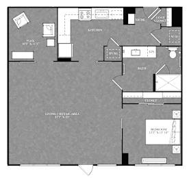 A floor plan of a house with a living room, kitchen, and bathroom.