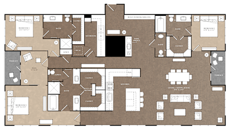 A floor plan of a building with multiple rooms and labeled areas.