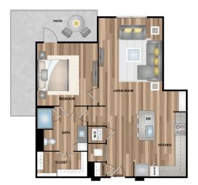 a drawing of a furnished floor plan with a bedroom and living room