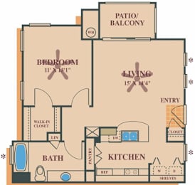 A floor plan of a house with a bedroom, bathroom, kitchen, living room, and patio/balcony.