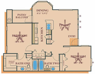 A floor plan of a house with a dining area, two bedrooms, a bathroom, a kitchen, a pantry, a patio, and an entry.