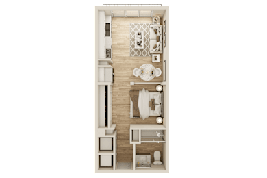 A detailed 3D floor plan of a small apartment layout.