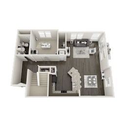 A 3D rendered image of a house layout.