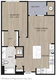 A floor plan of an apartment with a bedroom, living/dining area, kitchen, bathroom, closet, and coat space.