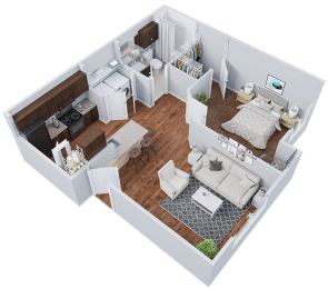 a 3d floor plan of a bedroom and living room