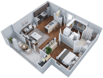 a 3d floor plan of a bedroom and living room