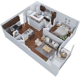 a 3d floor plan of a house with a bedroom and a living room