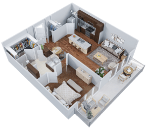 a 3d floor plan of a living room and dining room