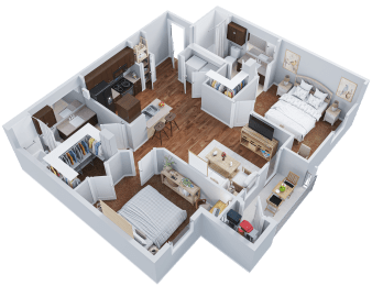 3d floor plan of a bedroom and living room