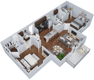 3d floor plan of a bedroom and living room