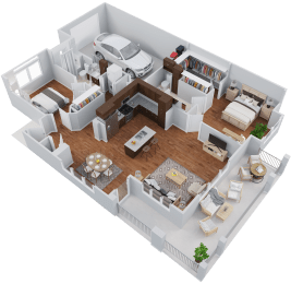 a 3d floor plan of a house with a bedroom and a living room