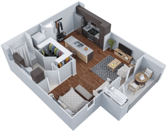 a 3d floor plan of a living room and kitchen