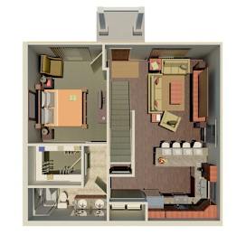 Floor Plan  A 3D floor plan of a  2BR, 2BA townhome downstairs