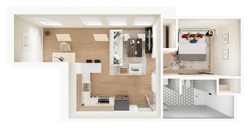 A 3D floor plan of a house showing a kitchen, living room, and bedrooms.
