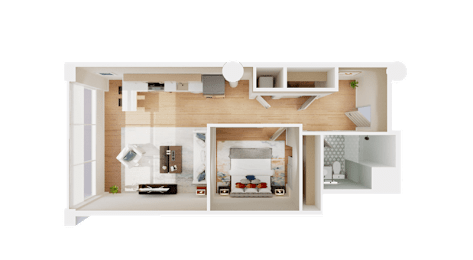 A 3D rendered image of a house layout.