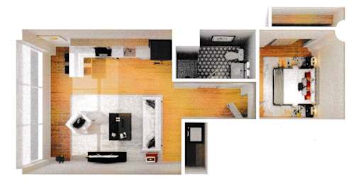 A series of images showing a kitchen, living room, and bathroom.