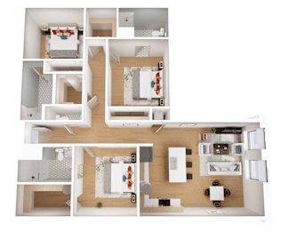 A top-down view of a house layout with multiple rooms and furniture.