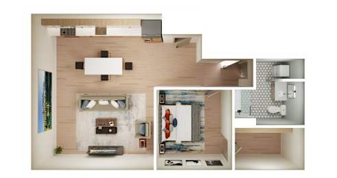 A modern house with a kitchen, living room, and bathroom.