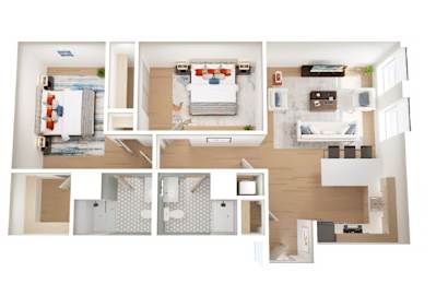 A top-down view of a small apartment with a kitchen, living room, and bathroom.