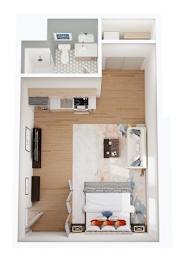 A top down view of a small apartment with a kitchen, living room and bedroom.