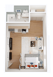 A top-down view of a small apartment with a kitchen, living room, and bedroom.