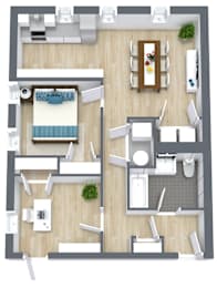 A floor plan of a house with a kitchen, living room, dining room, and bathroom.