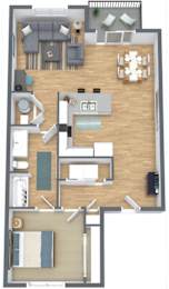 A floor plan of a two-bedroom apartment with a living room, kitchen, and bathroom.