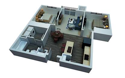 a 3d floor plan with a bedroom and living room