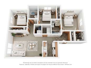 A 3D floor plan of a house with a kitchen, living room, and bedrooms.