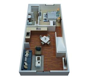 A 3D floor plan of a small apartment with a living room, kitchen, and bedroom.