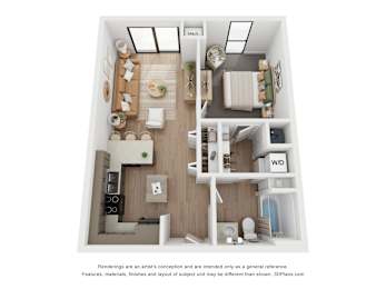 A 3D floor plan of a small apartment with a kitchen, living room, and bedroom.