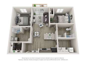 A 3D floor plan of a small apartment with a kitchen, living room, and bedroom.