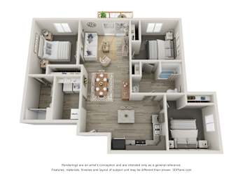 A 3D floor plan of a house with a kitchen, living room, and bedrooms.