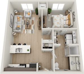 A 3D floor plan of a small apartment with a kitchen, living room, and bedroom.