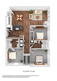 A detailed 3D floor plan of a small apartment layout.