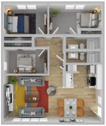 a 3d drawing of the floor plan of a modern apartment