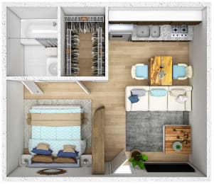 a 3d rendering of a bedroom with a closet and a bathroom