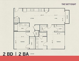 Two bedroom two bathroom floor plan at THE'68 Apartments, San Antonio