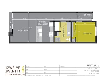 One bedroom one bathroom floor plan layout at 1221 Broadway Lofts Apartments, Texas, 78215
