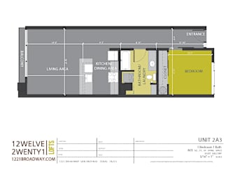 One bedroom apartment floor plan layout at 1221 Broadway Lofts Apartments, San Antonio, TX